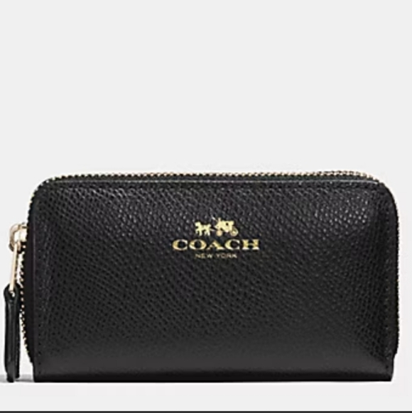 Coach Handbags - Coach Cross Grain Leather Double Zip Coin Case Black Light Gold Tone Hdwr NWT